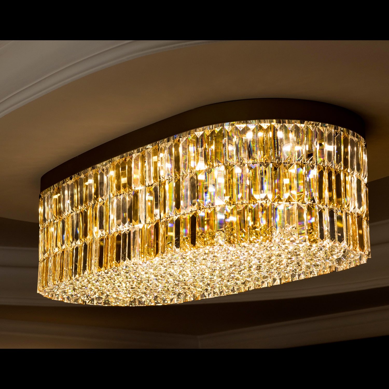 51 Inch Clear and Amber Crystal Ceiling Light Oval Flush Mount Chandelier