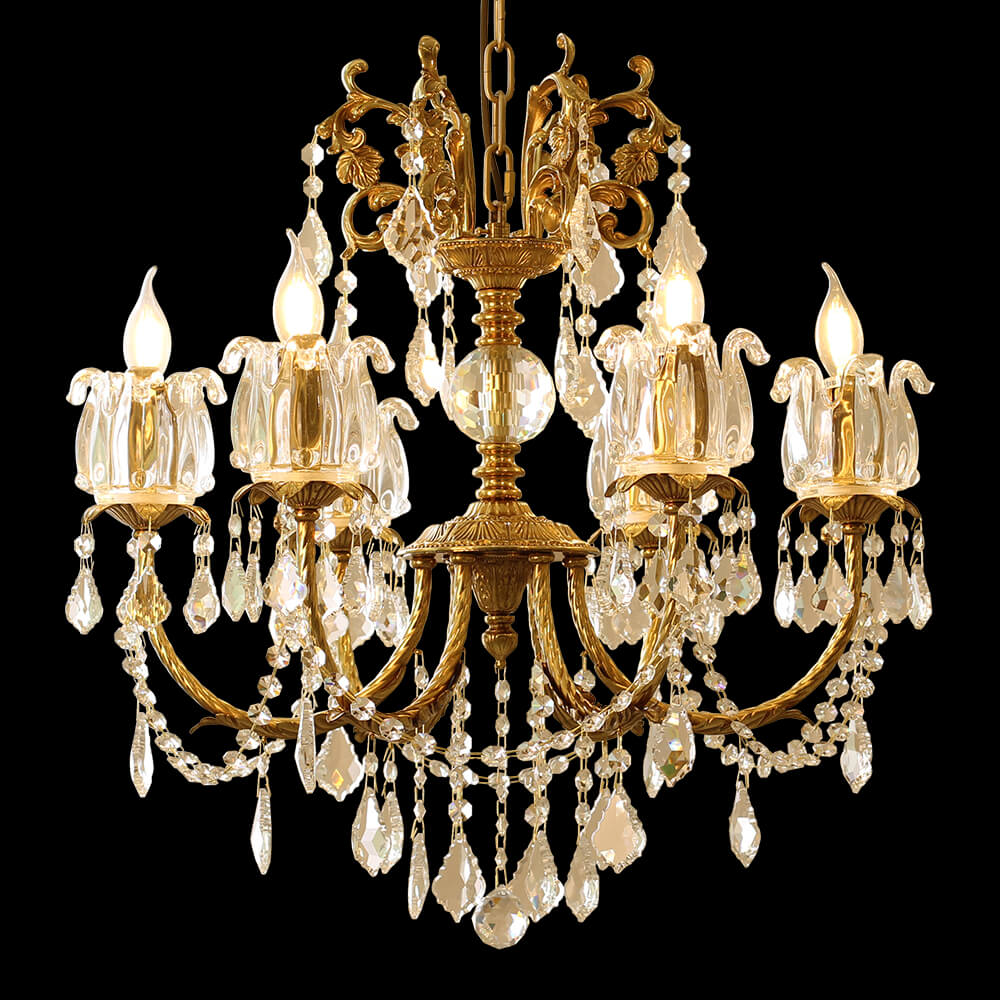 6 Lampu Lilin Style Kuningan jeung Kristal Chandelier XS0103-6