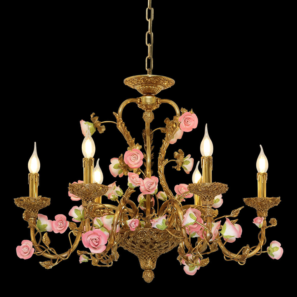Lestenec s 6 lučkami iz medenine in keramičnih rož XS0392-6