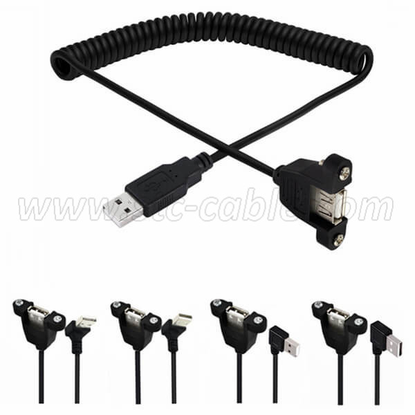 Coiled USB 2.0 Extension Cable With Panel Mount Holes