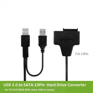 Cabo USB 2.0 to Slim SATA USB Slimline Serial ATA 7+6 13pin Connector Adapter Cable for CD DVD Rom Optical Drive