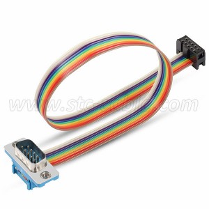 DB9 Male Crimp Connector to IDC 10Pin Female Flat Rainbow Cable