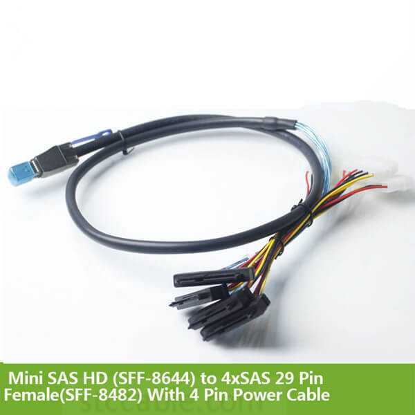 Chinese wholesale Serial Port Ribbon Cables - Mini SAS HD (SFF-8644) to 4xSAS 29 Pin Female(SFF-8482) With 4 Pin Power Cable – STC-CABLE