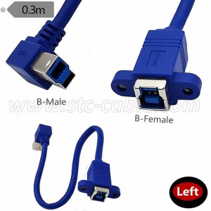 USB 3.0 Type B Male left or right angle to Female Cable with Panel Mount Screw Holes