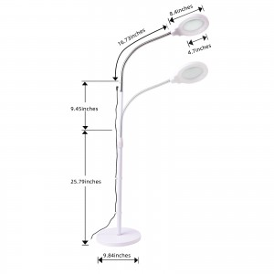 2-í-1 hæðarstillanleg stækkunargler úr alvöru gleri LED stækkunargólflampi fyrir stofu lestur föndur vinnubekkur