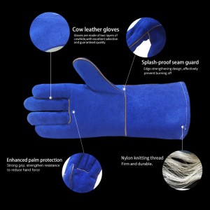 Welding Gloves Leather Heat Resistant Blue Welding Glove Wear Resistant Protective Leather Gloves