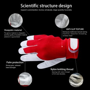 Customized Velcro Design White Red Sheepskin Split Leather Wear – resistant Gardening Safety Working Gloves for Driver