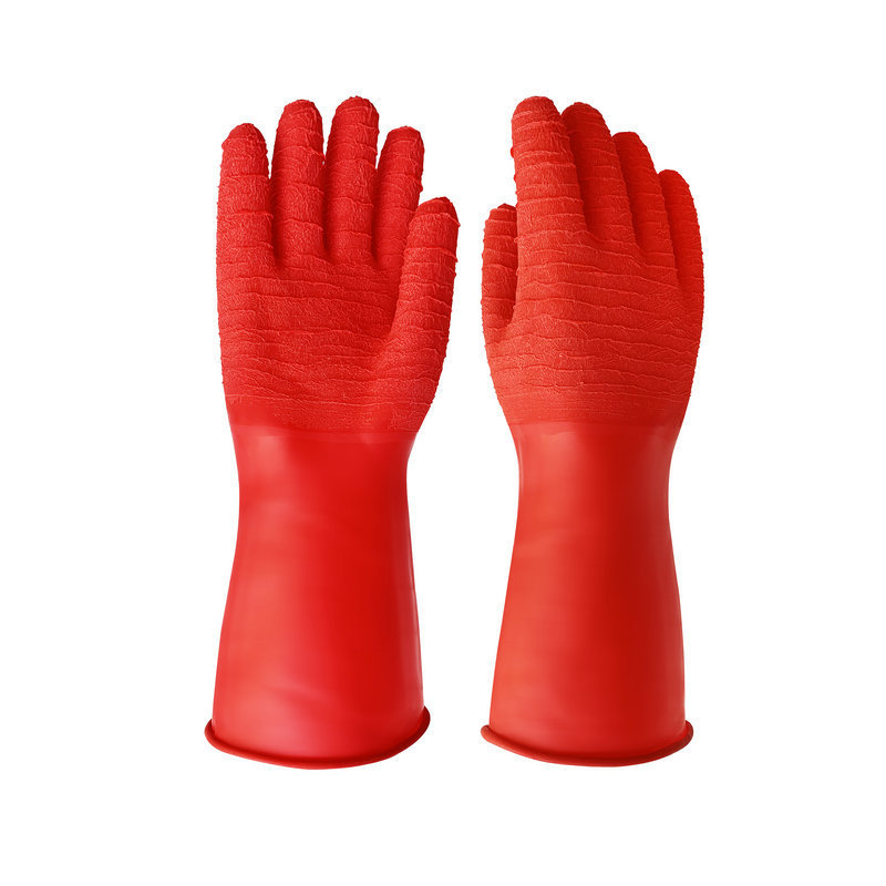 Red 35cm Chemical Resistant Industrial Rubber Gloves with Wrinkle Palm for Heavy Duty Working Hand Protection Glove