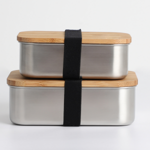 Обикновена метална кутия за обяд SGS от неръждаема стомана с бамбуков капак.