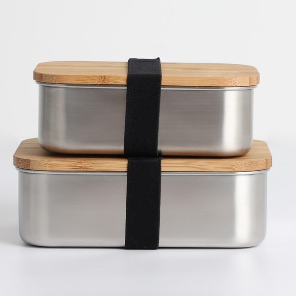Cutie de prânz din metal simplu din oțel inoxidabil SGS cu capac din bambus.