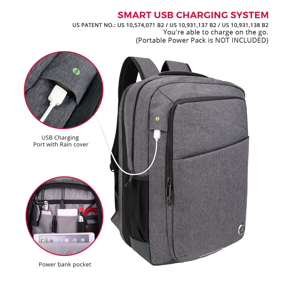 Brown Smart Backpack With Power Bank, Size: H : 40 And W : 28