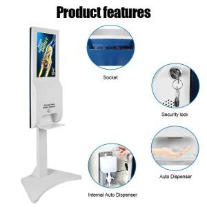 Thekiso e chesang ea 21.5 inch touch screen kiosk innovative digital display auto hand sanitizer dispenser