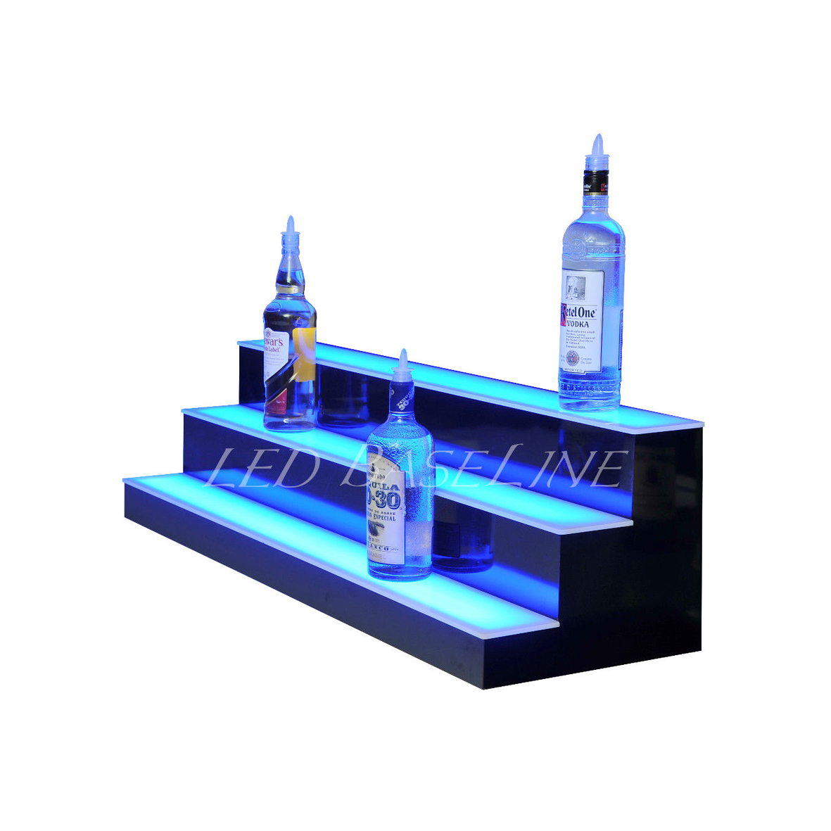 3-Tier Lighted Acrylic Wine Bottle Display Stand with RGB Lighting and Custom Logo