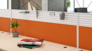 Executive Cubicles with Modern Textured Woodgrain Privacy Dividers