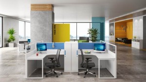Managerial Workstations with Modern Textured Woodgrain Privacy Dividers