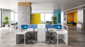 Менаџерски работни станици со модерни текстурирани прегради за приватност од дрво