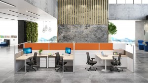 Estacións de traballo de xestión con divisores de privacidade modernos con textura de madeira