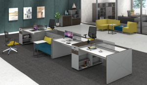 व्यावसायिक फर्निचर उच्च दर्जाचे आधुनिक डिझाइन स्टील डेस्क फ्रेम व्हाईट टेबल टॉप 4 कर्मचार्‍यांसाठी ऑफिस वर्कस्टेशन