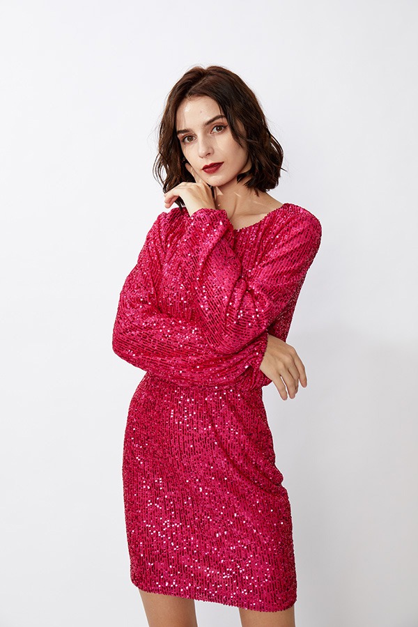 China wholesale Comfortable Dress Manufacturers –  Puff Sleeve Ruched Scoop Neck Hole Women Sequin Dress – TAIFENG