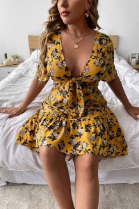 Newly Arrival Plus Size Women Bow Hollow out Dress Puff Sleeve Elegant Casual Floral Dresses
