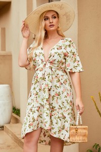 Wholesale Custom Summer Floral Print V-Neck Short Sleeve Elegant Women Dresses Plus Size Casual Dress for Ladies