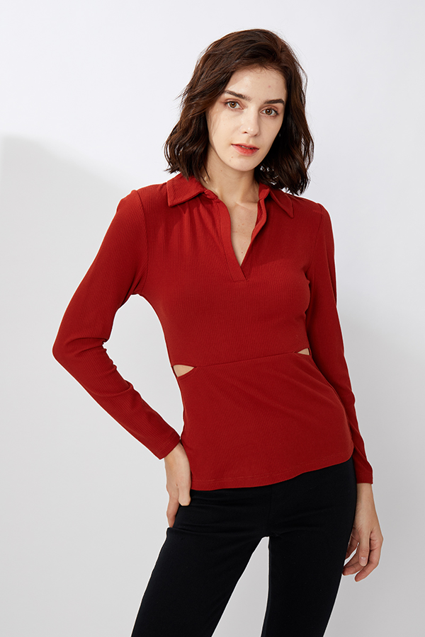 Rib Hollow Out Stretch Bodycon Polo Top