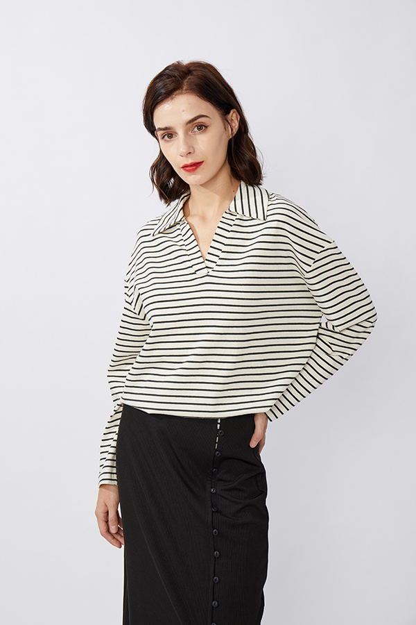 jersey stripes printed V neck casual top