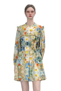 Baroque Style Van Gogh Floral Long Sleeve Elegant Shirt Dresses Women