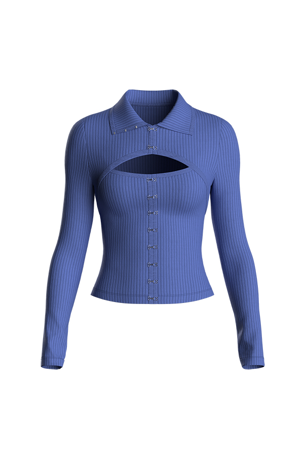 y2k Hollow Out Polo Neck Knitted Long Sleeve Tunic Basic Tops Women