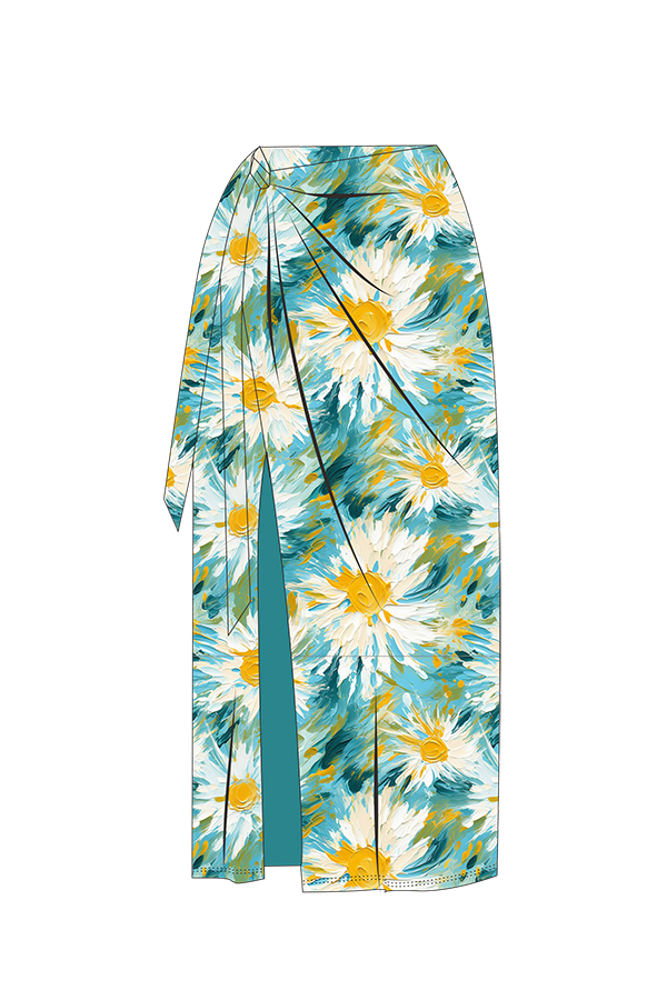 High Waist Floral Printed Van Gogh Style Midi Slit Wrap Women Skirt