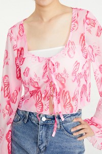 Designer Butterfly Printed Girls Sheer Mesh Tops Blouses For Women Flared Long Sleeves