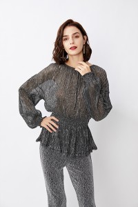 Factory Cheap Hot Most Popular Sexy Wrinkle Metallic Yarn Fabric Ladies Suit Fitted Two Piece Set