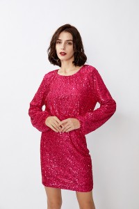 Puff Sleeve Ruched Scoop Neck Hole Women Sequin Dress