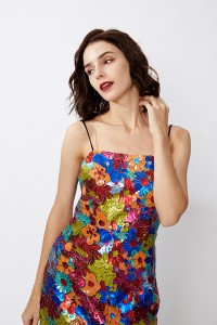 Shiny Flower Sequin Colorful Bodycon Strap Women  Party Dress