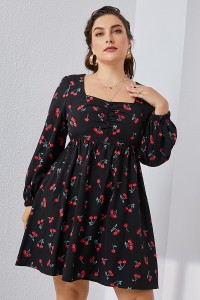 Plus Cherry Print Ruched Square Neck Dress Long Sleeve