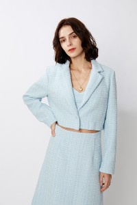 Elegant Short Crop Tweed Blazer Jacket Skirt 3 Piece Set
