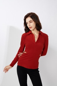 Rib Hollow Out Stretch Bodycon Polo Top