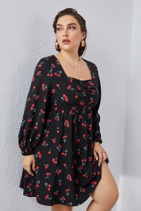 Plus Cherry Print Ruched Square Neck Dress Long Sleeve