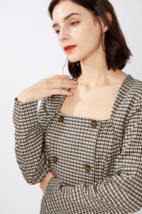 Square Neck Double-Breasted Plaid Office H-Dress