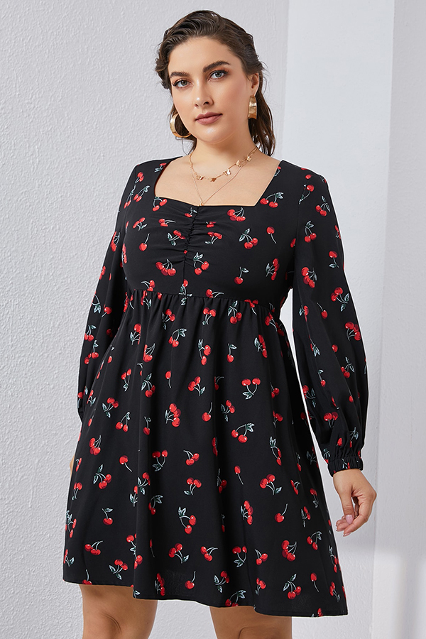 Plus Cherry Print Ruched Square Neck Dress Long Sleeve Featured Image