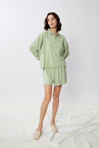 Knit Polo collar Lounge Wear Crop Hoodie And Shorts