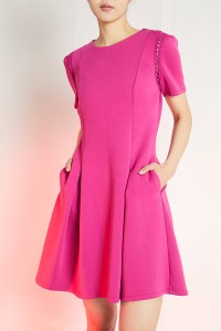 Scuba Fabric A Type Pleat Dress Stylish Women Short Sleeve Hollow Lace