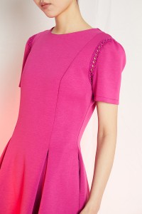Scuba Fabric A Type Pleat Dress Stylish Women Short Sleeve Hollow Lace