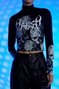 Gothic Skull Abstract Print Jersey Girls Modern Long Sleeve Crop Top