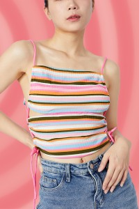 Drawstring Hollow Out Crop Top Women Camisole Rainbow Stripes Y2K Clothing