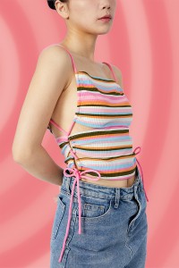 Drawstring Hollow Out Crop Top Women Camisole Rainbow Stripes Y2K Clothing