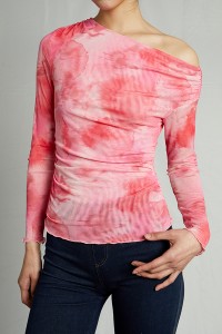 Mesh Print Basic Oblique Shoulder Tops Women Tight Long Sleeve Shirt