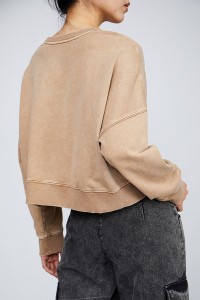 Stylish Garment Washing Retro Sweatshirts Ribbed Knit Tops For Women