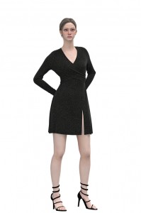 V-Neck Slit A Line Mini Skirt Long Sleeve Wrap Dress Women Elegant