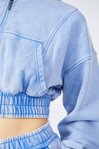 Garment Washing Crop Zippered Hoodie & High Waist Straight pants Women